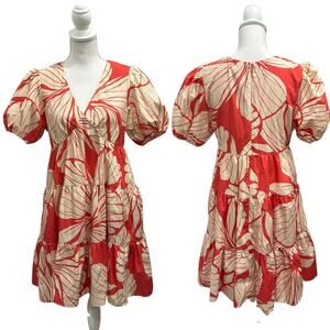 Hutch Coral Plumeria Print Puff Sleeve Tiered V-Neck Mini Dress Preppy Coastal‎